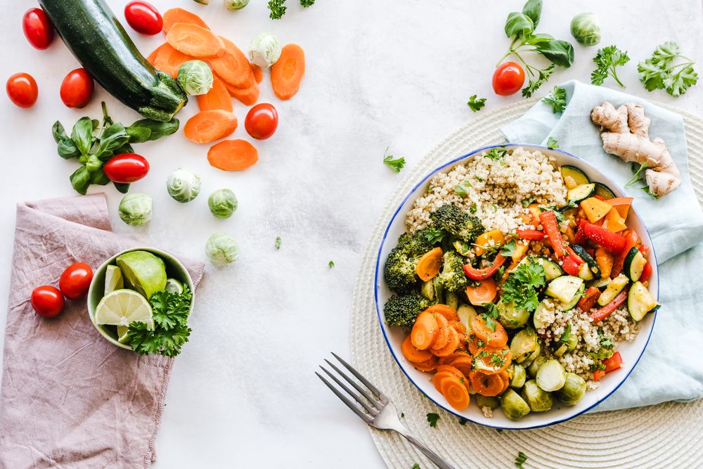 Freshly plated vegetables and quinoa