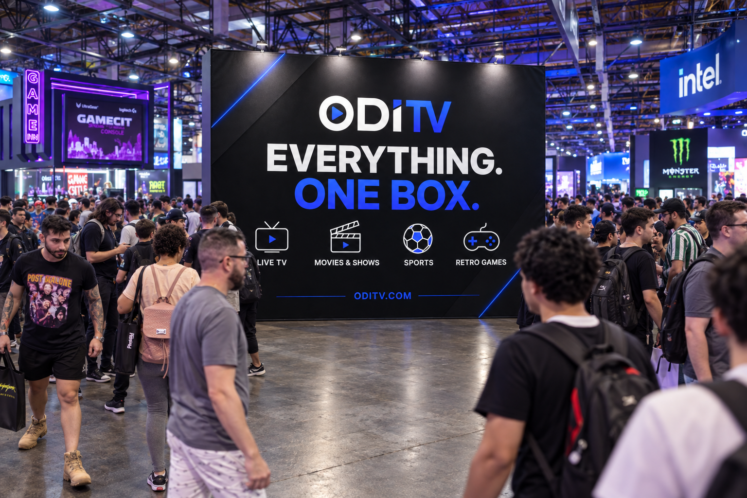 Composite illustration of the ODI TV display in a crowded convention