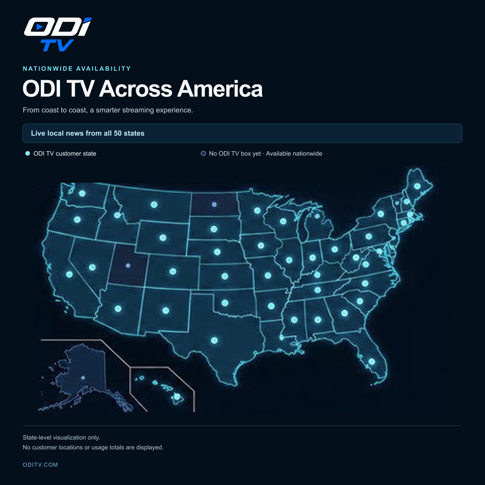 ODI TV Across America. Light states have ODI TV boxes; darker states do not have a box yet. Live local news is available from all 50 states.