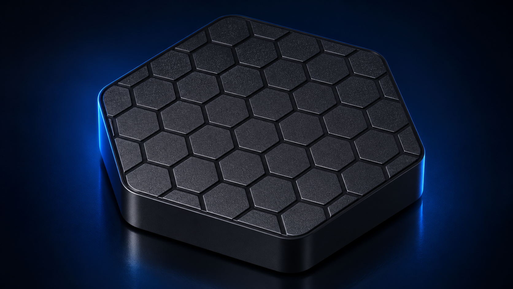 Studio rendering of the Sexy Hexy streaming box with a honeycomb-textured top